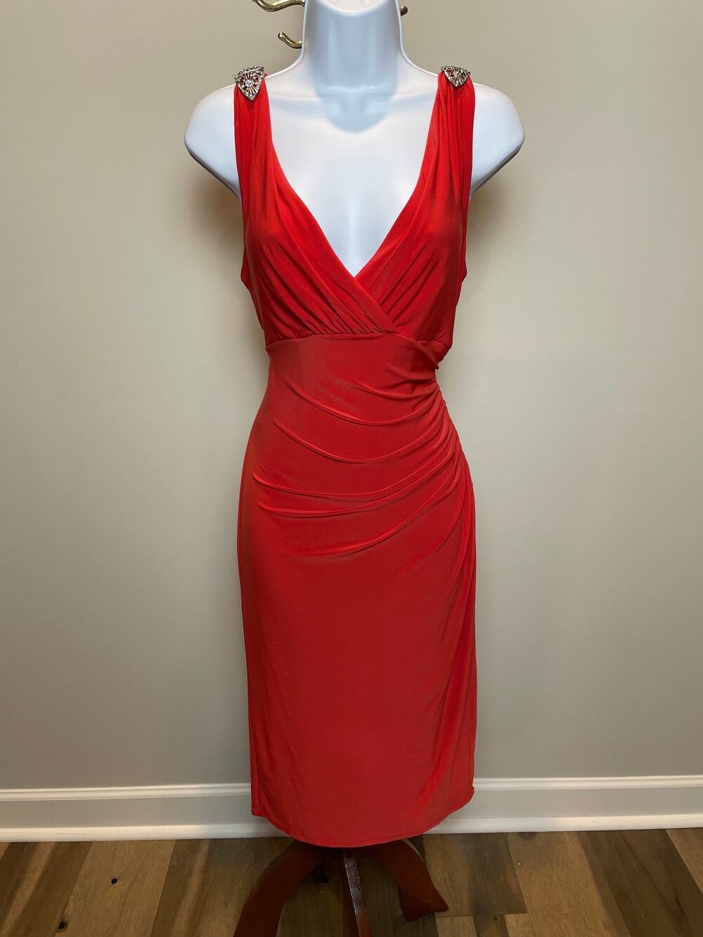 Ralph Lauren Sz 8 Red V‑Neck Dress with Asymmetrical Ruching & Rhinestone Detail